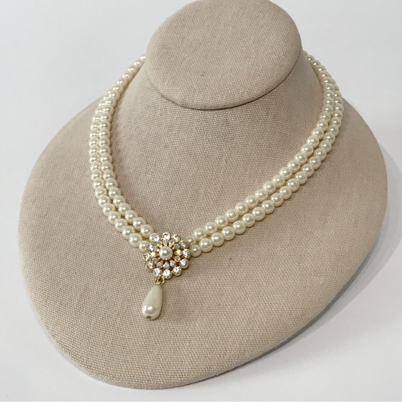 Vintage Signed 6mm Glass Faux Pearl Multi Strand Victorian Necklace Estate Pear - Picture 5 of 14